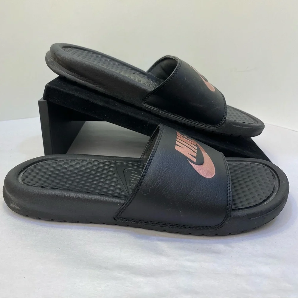 Nike Benassi JDI Slide Sandals Black Rose Gold Logo US 6 Comfort Slides